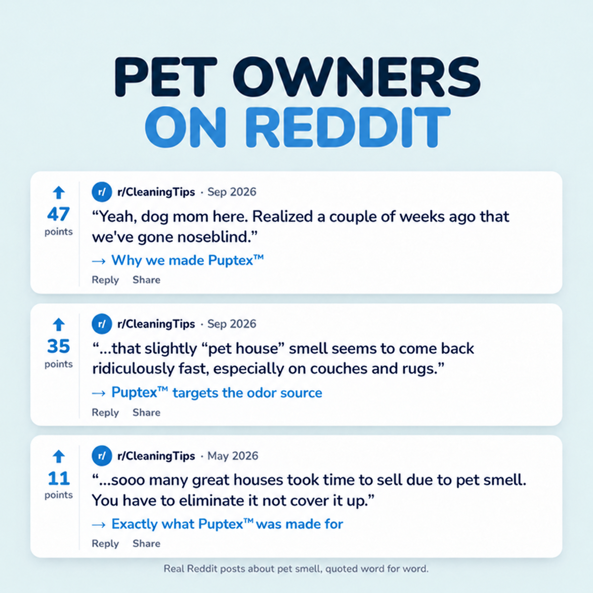 Reddit-style graphic highlighting pet owners discussing lingering dog smells, nose blindness and stubborn odors in couches and rugs.
A digital infographic titled 'PET OWNERS ON REDDIT' with three Reddit comment threads shown on white cards against a pale blue background. The text references Puptex in relation to pet odor removal.