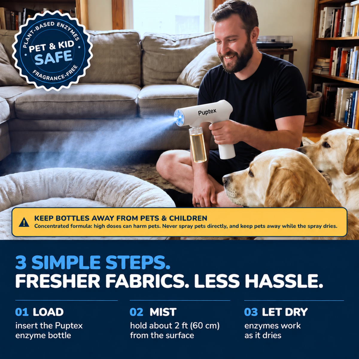 Puptex™ enzyme mist sprayer being used near a dog bed, with three simple steps: load the enzyme bottle, mist the fabric and let it dry.
A man using a Puptex pet spray bottle with fogging mist on a dog bed in a living room, with two dogs nearby. The image includes a blue badge reading 'Plant-Based Enzyme Pet & Kid Safe' and informational text about using the bottle.
