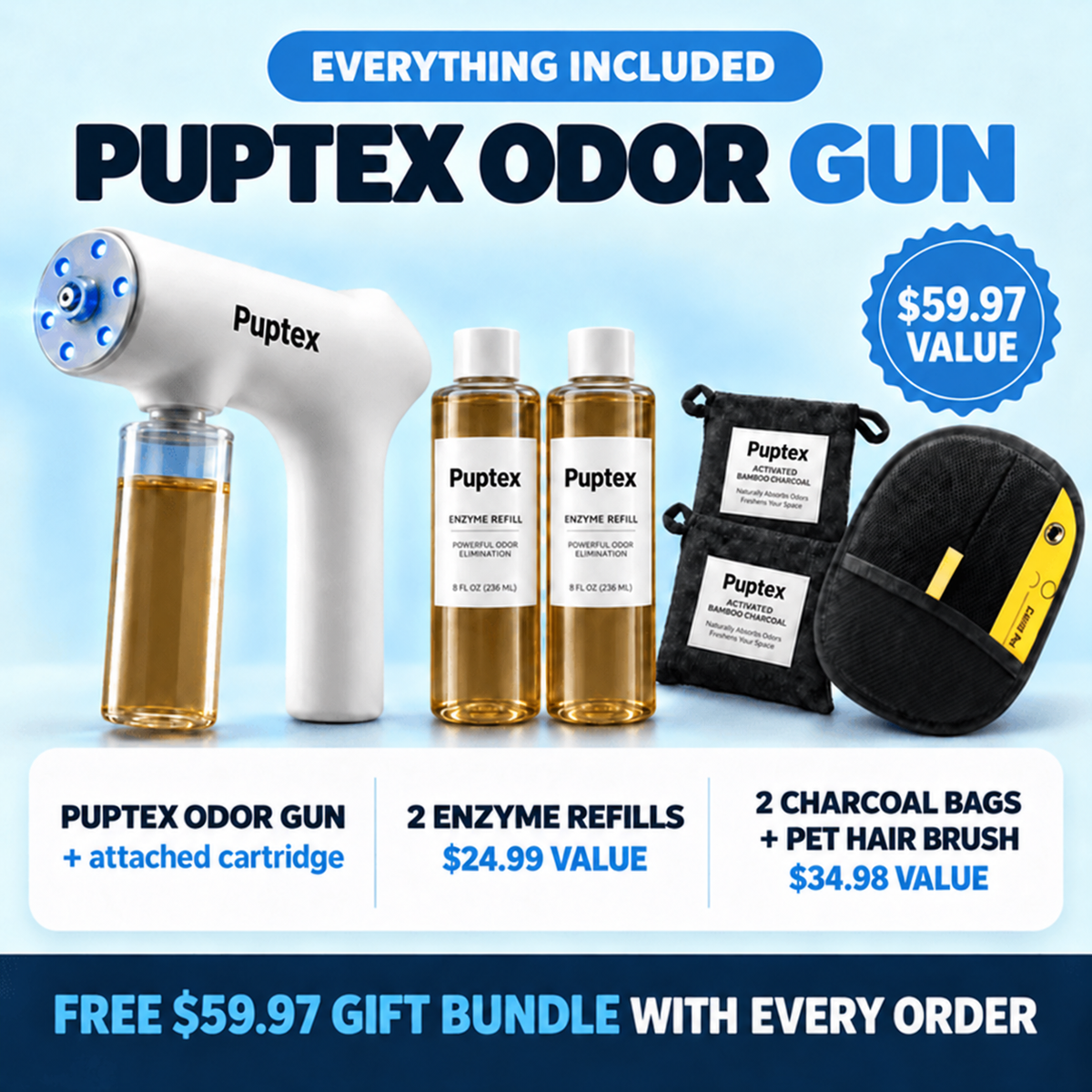 Puptex™ pet odor remover gun bundle including cordless mist sprayer, attached cartridge, two enzyme refill bottles, charcoal bags and pet hair brush.
PupTex Odor Gun kit with white handheld device, two enzyme refill bottles, two black charcoal bags, and a black pet hair brush on a light blue promotional background with text listing included items and bundle pricing.