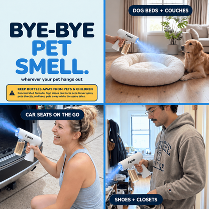 Puptex™ handheld pet odor sprayer shown treating compatible dog beds, couches, car upholstery, shoes and household fabrics.
A four-panel promotional collage for a pet odor spray product. The top-left panel shows large text reading 'BYE-BYE PET SMELL' with a warning label.