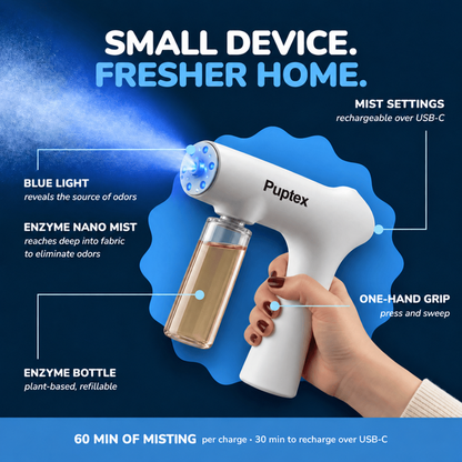 A hand holding a white Puptex handheld device with a clear enzyme bottle, shown on a dark blue graphic background with callout text explaining features like blue light, enzyme nano mist, one-hand grip, and rechargeable mist settings.