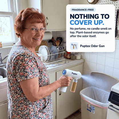 Woman using the Puptex™ handheld enzyme mist sprayer near a kitchen trash bin to help treat unpleasant household odors without masking them.
An older woman in a kitchen holds a Celani Odor Gun, spraying steam into a trash can. A text overlay on the right reads 'NOTHING TO COVER UP.